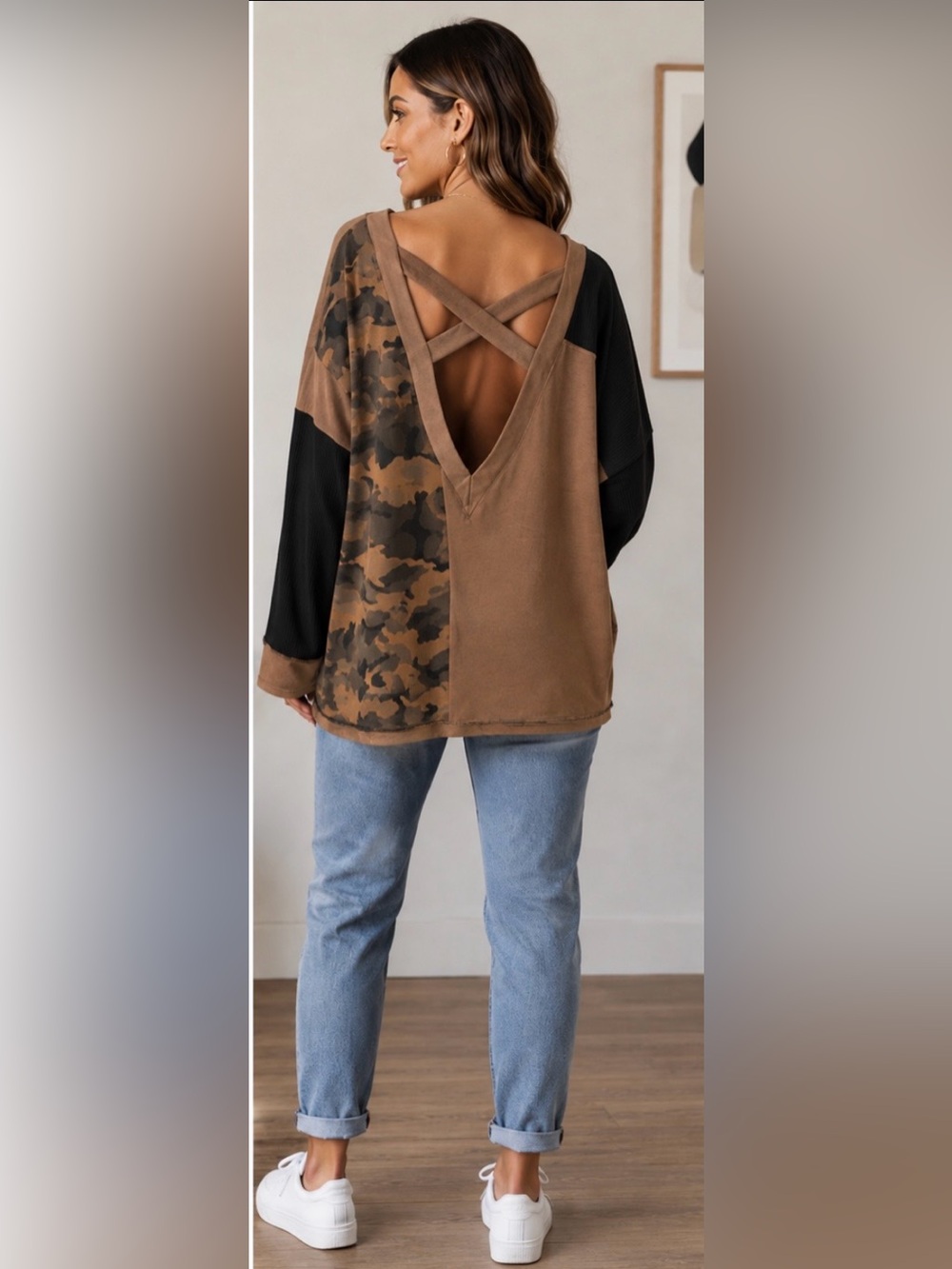 POL Camo Oversize Patchwork V-Neck Pullover - Picture 3 of 7